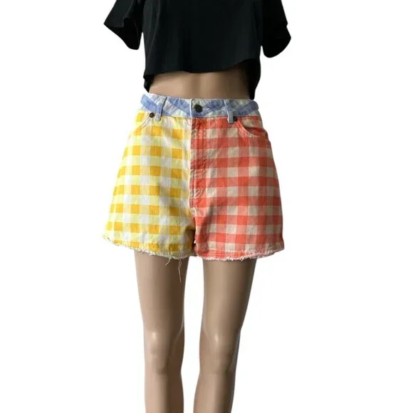 FARM Rio Yellow & Orange Gingham Jean Shorts with Blue Waistband - Picture 1 of 11